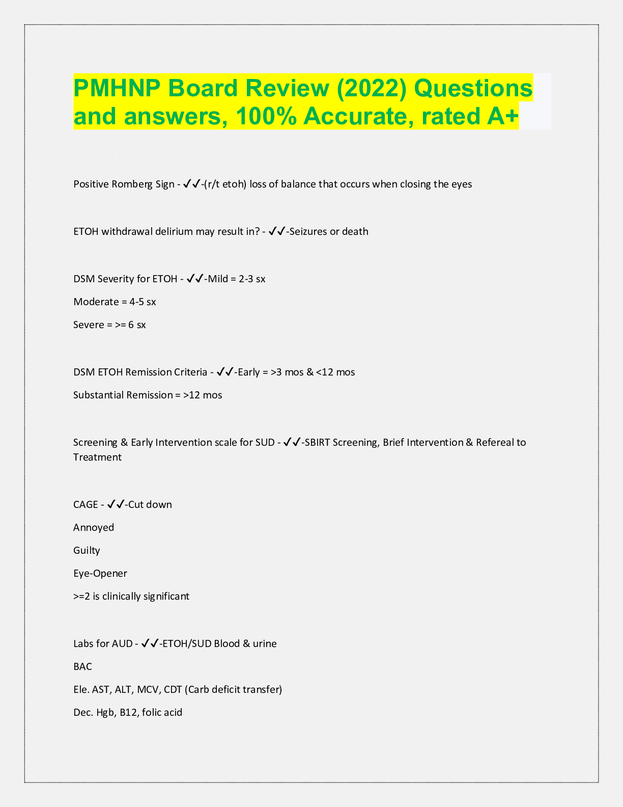 Preview image for PMHNP Board Review (2022) Questions  and answers, 100% Accurate, rated A+ Positive Romberg Sign - ✔✔-(r/t etoh) lo